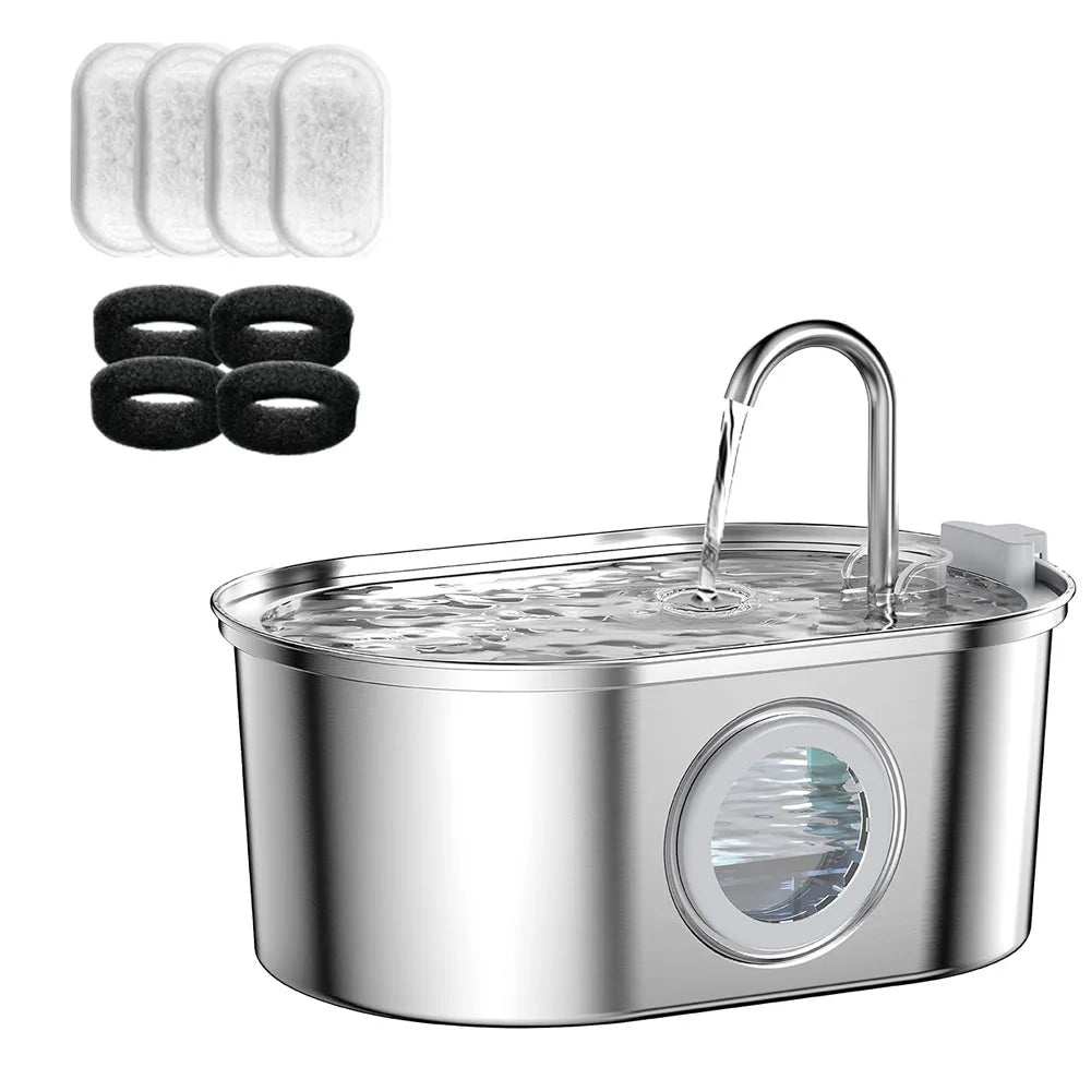 3.2L Pet Water Feeder with Transparent Window Silent Filter with Faucet Stainless Steel Automatic Dog Drinking Fountain