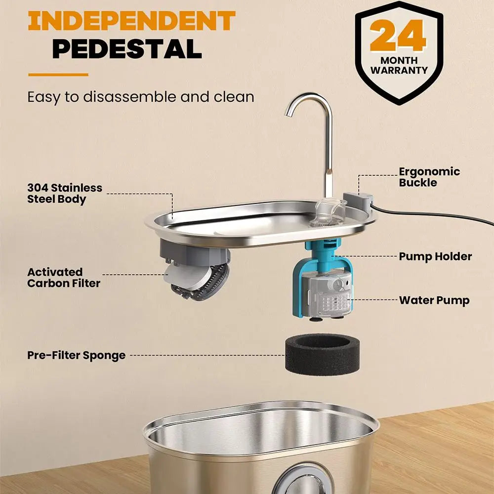 3.2L Pet Water Feeder with Transparent Window Silent Filter with Faucet Stainless Steel Automatic Dog Drinking Fountain