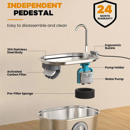 3.2L Pet Water Feeder with Transparent Window Silent Filter with Faucet Stainless Steel Automatic Dog Drinking Fountain