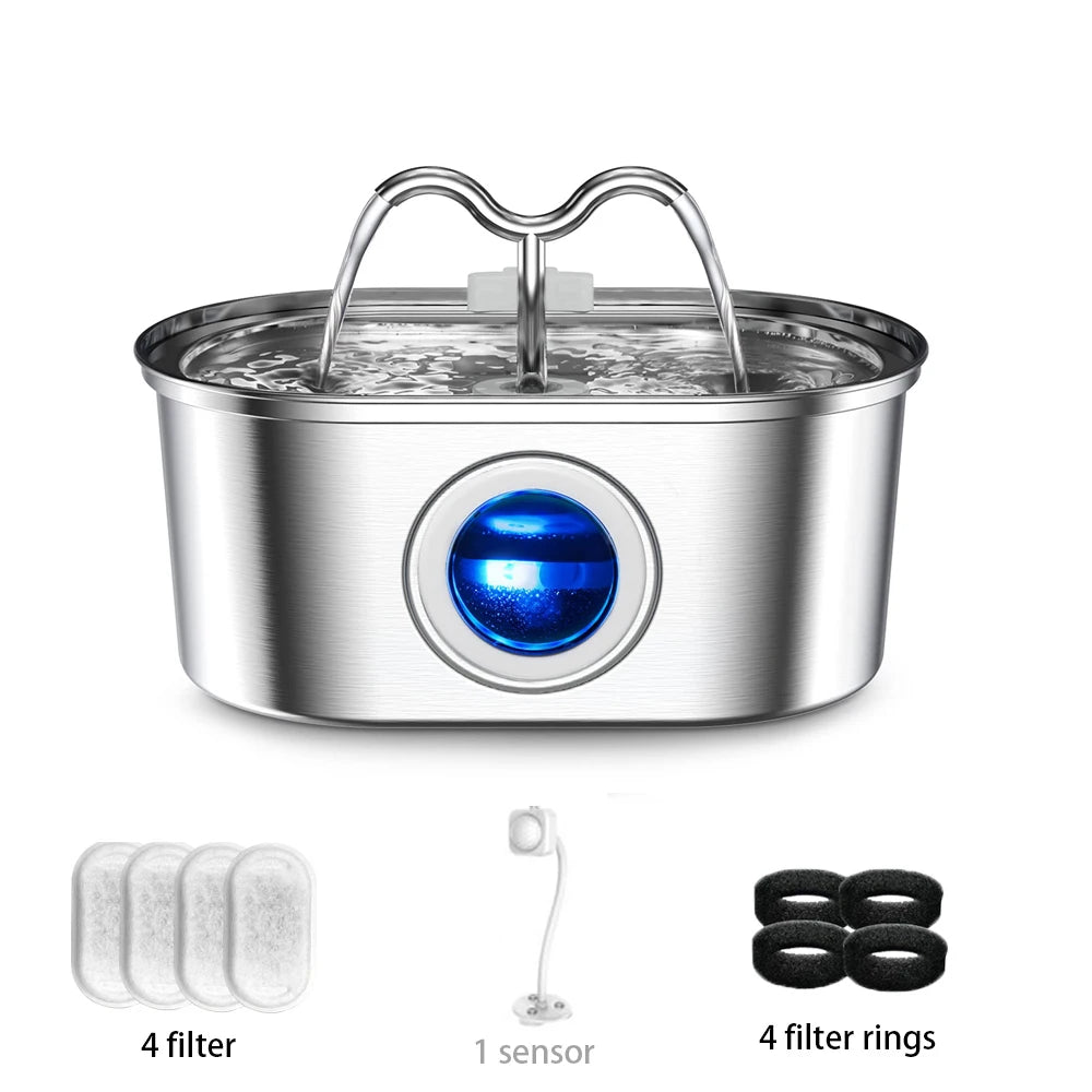 108Oz/3.2L Cat Water Stainless Steel Pets Dispenser with LED Light Silent Pump Automatic Fountain for Cat Dog Drinking Bowl