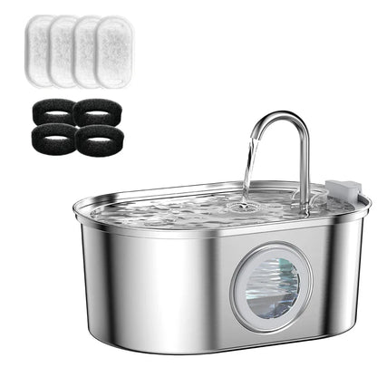 3.2L Pet Water Feeder with Transparent Window Silent Filter with Faucet Stainless Steel Automatic Dog Drinking Fountain