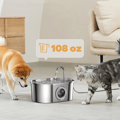 3.2L Pet Water Feeder with Transparent Window Silent Filter with Faucet Stainless Steel Automatic Dog Drinking Fountain