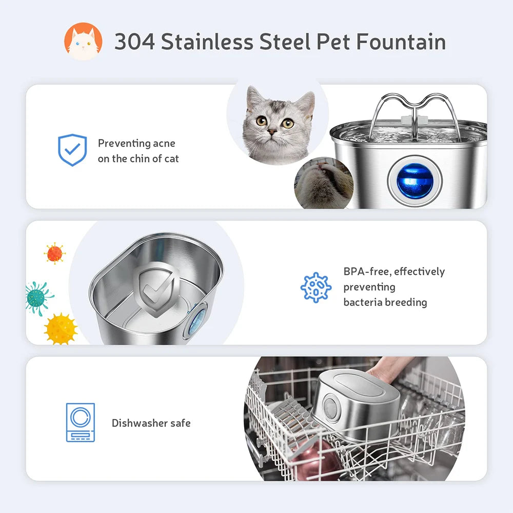 108Oz/3.2L Cat Water Stainless Steel Pets Dispenser with LED Light Silent Pump Automatic Fountain for Cat Dog Drinking Bowl