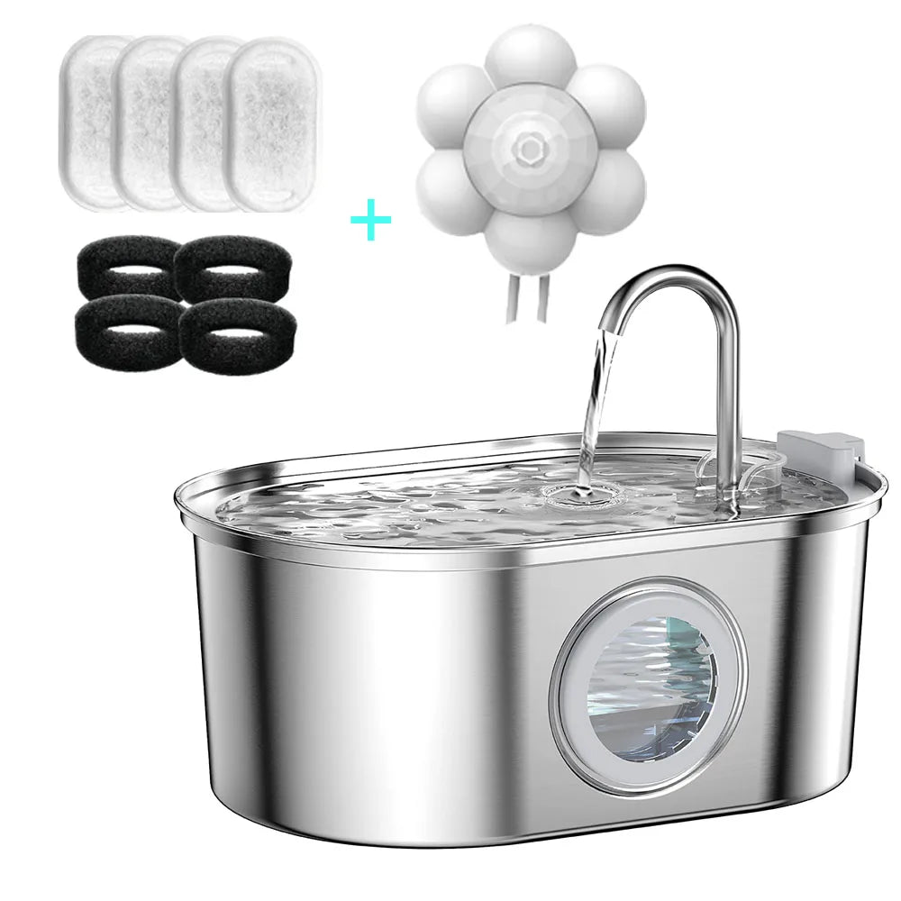 3.2L Pet Water Feeder with Transparent Window Silent Filter with Faucet Stainless Steel Automatic Dog Drinking Fountain